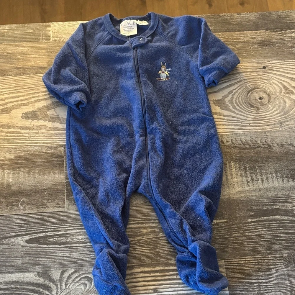 Vintage Children’s Place Blue Fleece Footie with bunny on skis
